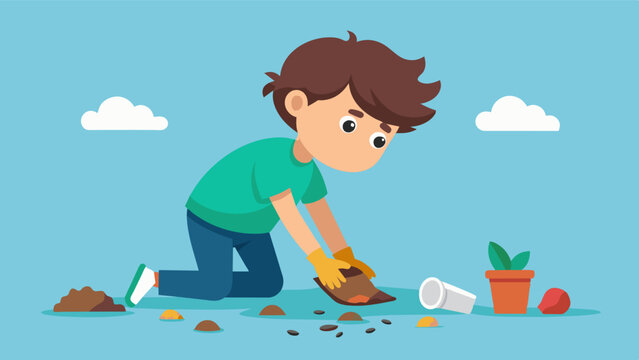 A young child scavenged through the debris picking up scraps of food from the ground in an attempt to quell their hunger.. Vector illustration
