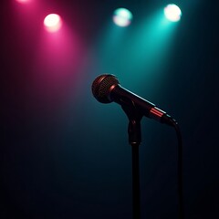Obraz premium A vintage microphone stands in front of pink and blue neon lights