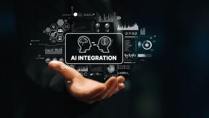 Hands Reaching Out to Innovative AI Integration Concept with Data Visualization and Technology Elements in Dark Background. Asymptotic smart data analytic.