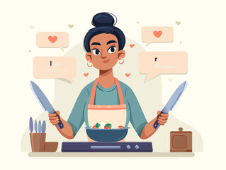 Culinary Delight: A woman with culinary prowess and culinary arts, a skilled chef, is depicted in an artistic illustration preparing a healthy and delicious meal.