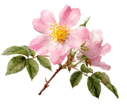 Watercolor Painting of Dog Rose Flowers on White Background - Delicate Pink Blooms with Yellow Centers and Green Leaves, Botanical Illustration