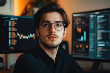 Business professional analyzes financial data with advanced technology in modern office environment, business man works with financial statistics people and technology