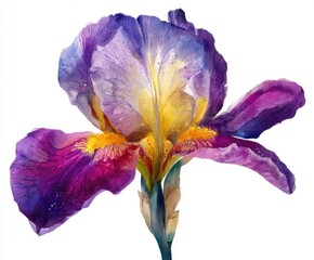 Watercolor Iris Flower Illustration - Botanical Art Print, Purple and Yellow Floral Design, Isolated on White Background, Delicate Petals and Stem
