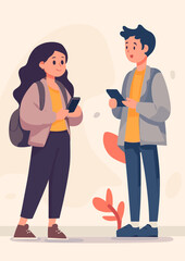 Digital Connection: Illustrated depiction of two individuals engrossed in their mobile devices, showcasing contemporary communication in a vibrant and inviting style.