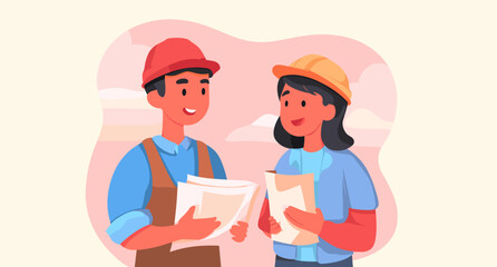 Construction worker Collaboration: Two construction workers engaged in a discussion with paper documents, embodying teamwork and collaboration in a professional setting.