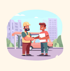 Construction Agreement: Illustrative handshake between construction worker in hardhat and building owner against an urban backdrop, symbolizing a construction agreement.