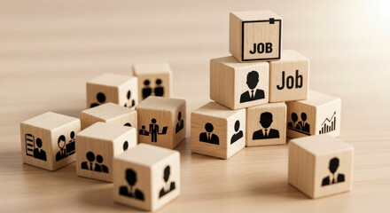 Wooden Cubes with Job and Business Icons Stacked for Career Opportunity Concept on a Wooden Surface