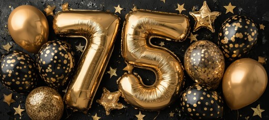 Golden balloons mark a 75th anniversary on a black surface. Birthday party, milestone celebration, anniversary, special occasion, festive decorations
