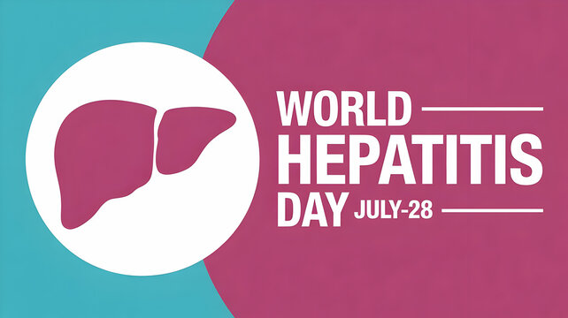 World hepatitis day poster with liver icon on a white circle and july date on a pink background