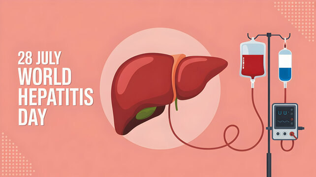 Illustration for world hepatitis day featuring liver blood bags and medical monitor on pink background - Powered by Adobe
