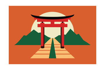 Torii Gate Path Leading to Mountain Shrine Japanese Traditional Design Vector