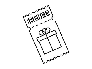 Fototapeta premium Hand drawn cute outline illustration promotion coupon. Flat vector ticket gift line art doodle. Voucher with present sign icon or sticker. Discount promo code symbol. Marketing advertising. Isolated.