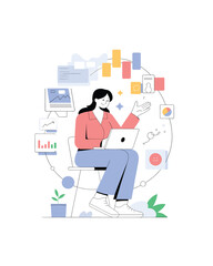 Woman analyzing data on laptop with charts and graphs