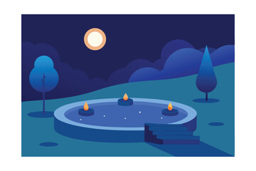 Tranquil Pool with Floating Candles at Night Vector Illustration