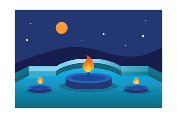 Tranquil Pool with Floating Candles at Night Vector Illustration