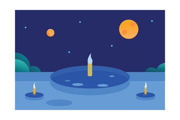 Tranquil Pool with Floating Candles at Night Vector Illustration
