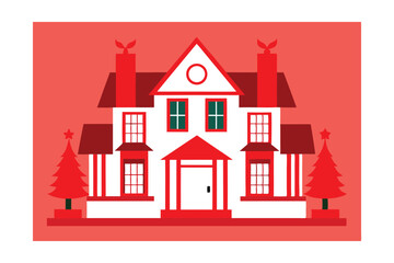Victorian Home with Red Ribbons and Wreaths Vector Illustration