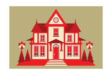 Victorian Home with Red Ribbons and Wreaths Vector Illustration