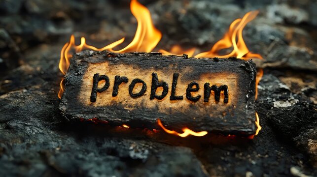 Burning wood with the word "problem" inscribed on it signifies a major issue.
