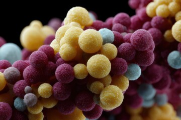 Colorful sphere clusters form interesting abstract patterns. Spherical patterns, abstract design, colorful spheres, cluster formation, unique arrangement, artistic creation