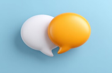 Two speech bubbles overlap on blue background. Communication, messaging, social media, conversation, discussion, connection.