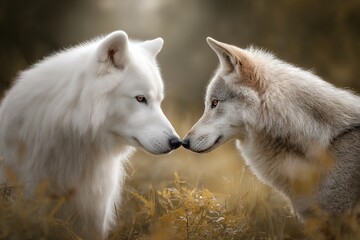 Obraz premium Serene encounter between majestic white wolf and gray wolf in forest clearing