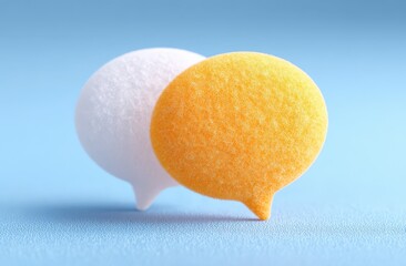 Two speech bubbles overlap on blue background, symbolizing conversation. Communication, dialogue, discussion, message, feedback, opinions, ideas.