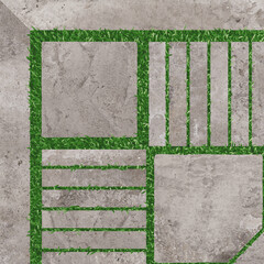 Diseño de patio moderno con losetas de concreto claro y líneas de césped — Textura geométrica...