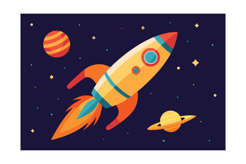 Vintage Rocket Ship in a Cosmic Race Vector Illustration