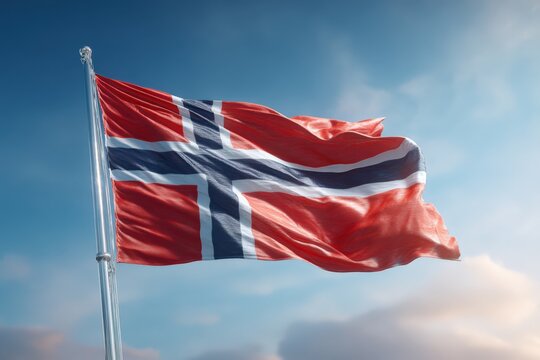Norwegian flag flutters against bright blue sky. National symbol, patriotism, identity, pride, travel, independence day