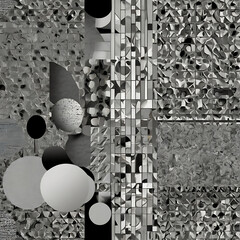 Grayscale minimalist pattern with optical illusion depth, incorporating Dada collage elements and subtle digital noise.


