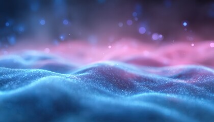 Wavy abstract terrain with sparkling particles shimmers. Digital landscape, futuristic background, modern technology, data visualization