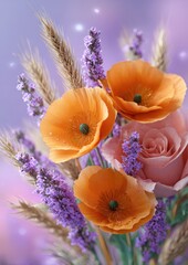 Close-up shows bouquet of poppies and lavender with purple backdrop. Floral arrangement, decorative posy, spring blossoms, soft focus