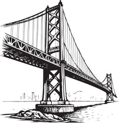 Bridge Vector Illustration, Sketch Drawing Line Linear Symbol Icon Engraving Coloring Book, Hand-drawn Black and White Isolated