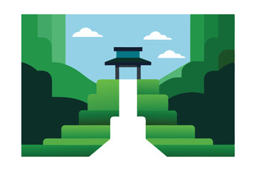 Waterfall Next to Mossy Path in Kyoto Vector Illustration