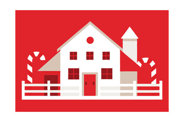 White Farmhouse with Candy Cane Railings Vector Illustration