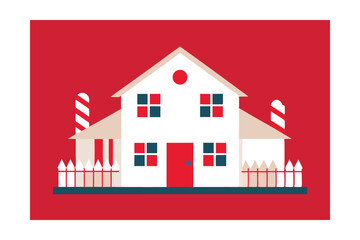 White Farmhouse with Candy Cane Railings Vector Illustration