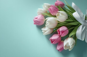 Pink and white tulip bouquet tied with ribbon. Flowers, floral arrangement, spring, gift, celebration, love