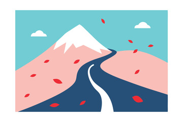 Windy Mountain Road with Scattered Petals Vector Illustration