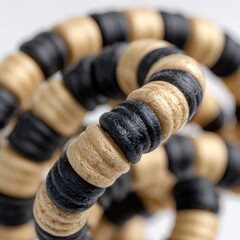 Alternating black and gold textured beads create a spiral. Abstract jewelry, spiral design, contrasting colors, ornate, decoration