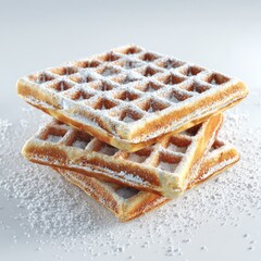 Stack of waffles sprinkled with powdered sugar. Dessert, sweet food, breakfast treat, homemade pastry, tasty dessert