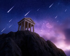 Ancient temple stands on a hill under starry sky with meteors. Mythology, astronomy, fantasy, spirituality and mystery.