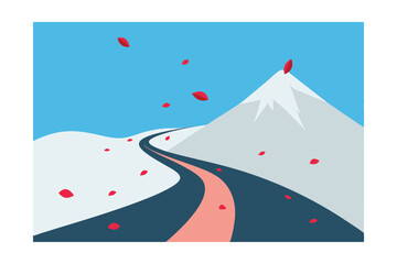 Windy Mountain Road with Scattered Petals Vector Illustration