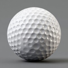 Golf ball sits on smooth gray surface with slight shadow. Sports equipment, recreation, competition, game, dimples