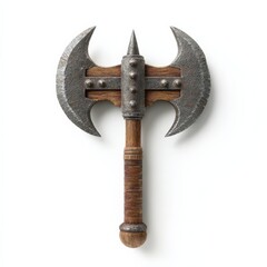Axe weapon on white surface, ready for battle. Medieval, history, war, battle, weapon, fight, fantasy, game, role-playing, warrior, blade