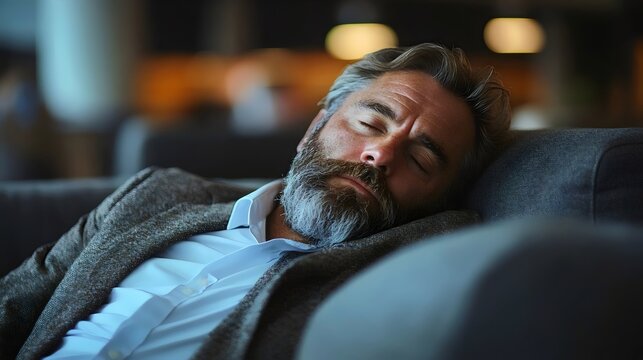 A man sleeps peacefully on a couch, looking relaxed and at ease in a comfortable setting. - Powered by Adobe