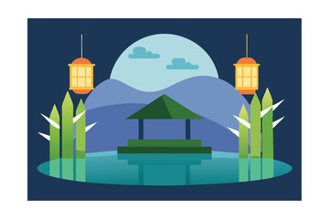 Zen Style Pool Scene with Bamboo and Lanterns Illustration
