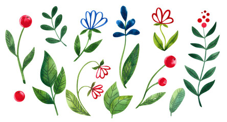 Set of flowers, leaves. Floral watercolor illustration for wedding invitations, greeting cards, print design. Spring and summer set of colorful flowers and plants.
