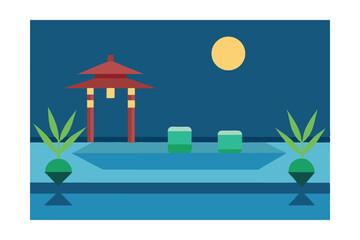 Zen Style Pool Scene with Bamboo and Lanterns Illustration