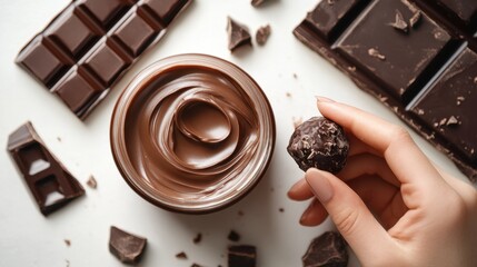 Hand holding chocolate praline with chocolate spread and chocolate bars on white table